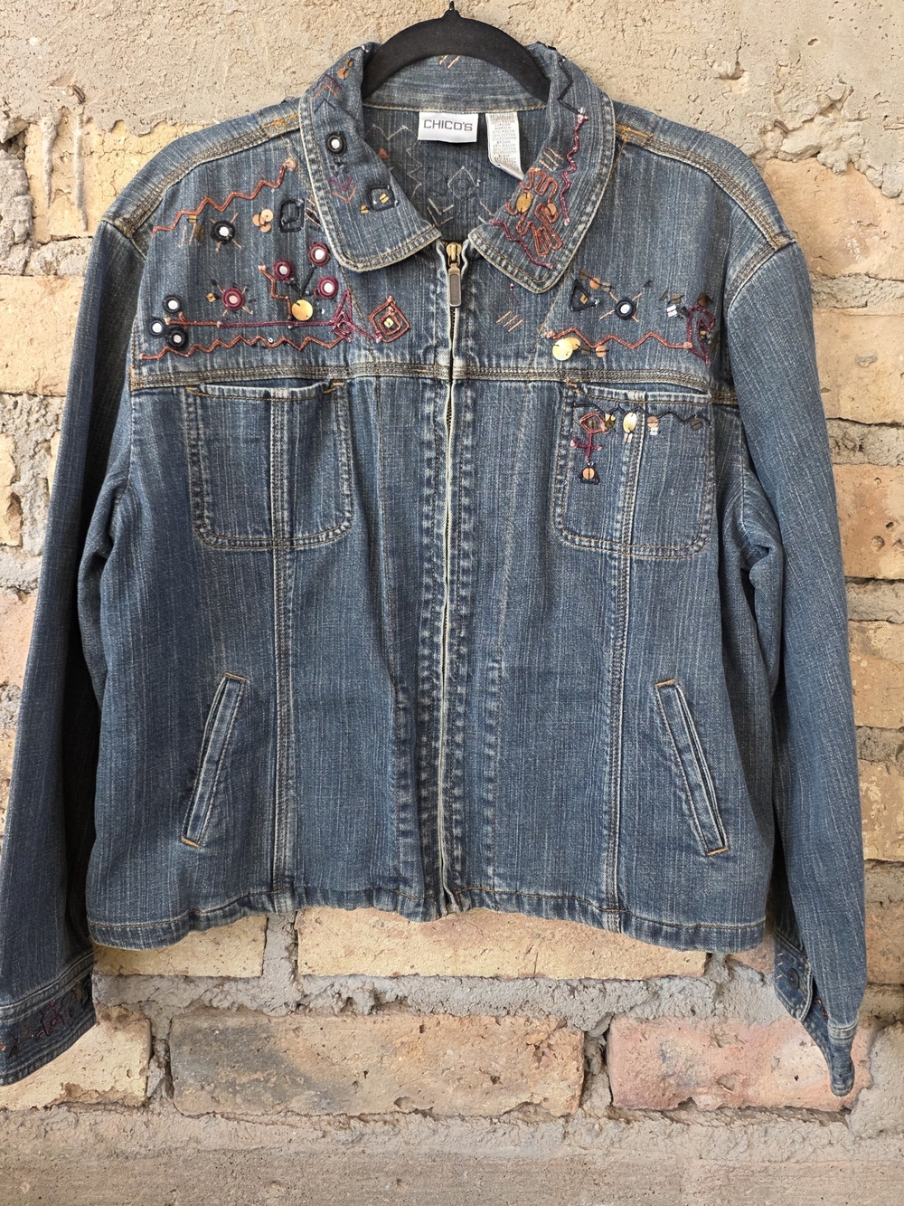 Chico's Vintage Embellished Denim Jacket Sequins Mirror Work Boho (Size 3)